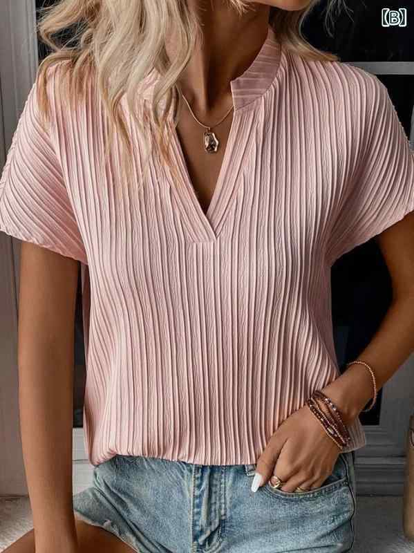 シャツ レディース 半袖 Vネック ストライプ Tシャツ カットソー ポリエステル カジュアル トップス 婦人服 ゆったり 体型カバー 日韓スタイル 普段使い clearstore2024-10211001 clearstore サンプル画像3