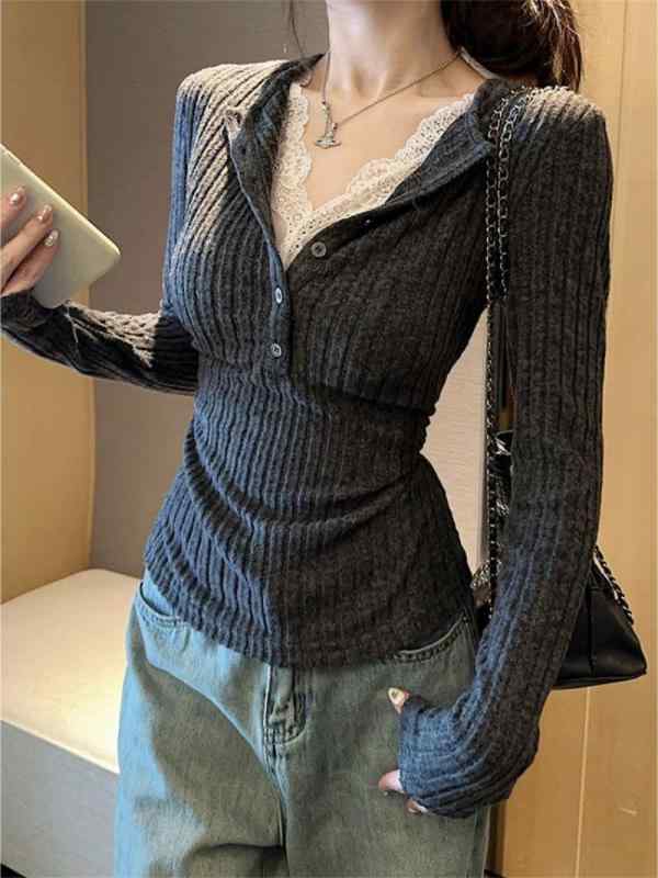 樂天商城 - Tシャツ レディース 長袖 レース 切り替え チュニック 秋冬 磨き毛 収縮 ウエスト スリム 韓国風 きれいめ デイリー