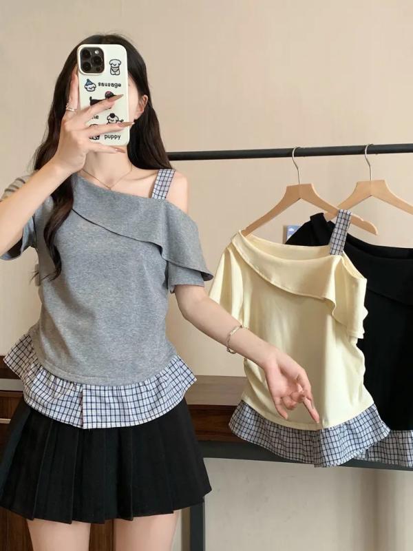Tシャツ レディース 大きいサイズ 半袖 斜め肩 接触冷感 吸湿速乾 ゆったり トップス カットソー ドッキング 切り替え 薄手 通勤 普段使い グレー ブラック(3.0)
