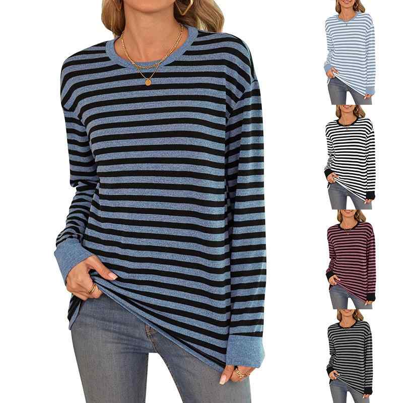 Tシャツ レディース 秋冬 ストライプ柄 ラウンドネック 長袖 ゆったり トップス カットソー 人棉 ポリエステル 混紡 普段使い 部屋着 接触冷感 吸湿速乾 天 ब्लू ライトグレー ワインレッド ブルー ダークグレー