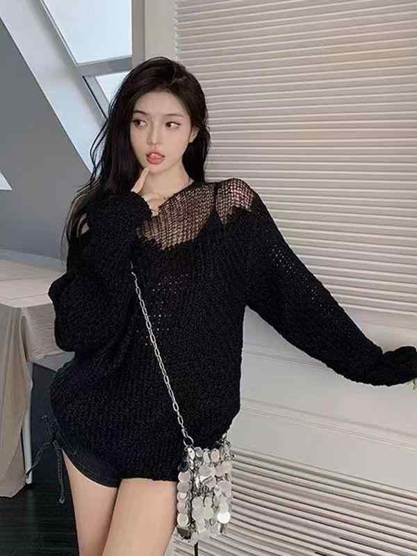 乐天商城 - ニット レディース 長袖 春秋 トップス ゆったり 薄手 セーター 接触冷感 ラウンドネック 白 黒 韓国風 きれいめ かわいい 通勤 普段使い