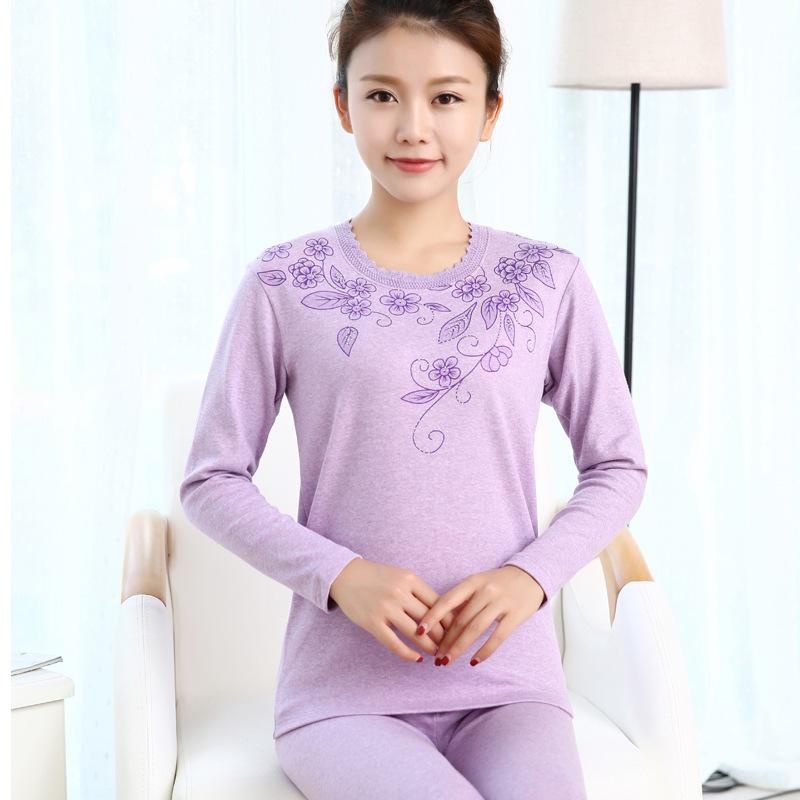 肌着 レディース 高齢者 綿 保温インナー 上下セット 大きいサイズ ラウンドネック 厚手 花柄 雪青 紫 コーヒー レッド ピンク系