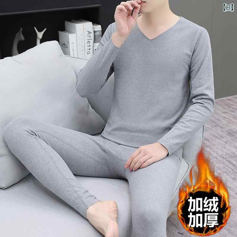 clearstoreのインナー 上下セット 男性用 秋冬用 あったかインナー 長袖 Vネック 無地 肌着 裏起毛 厚手 伸縮性 吸湿発熱 部屋着 ルームウェア 赤 グレー 黒 紺｜アングル2