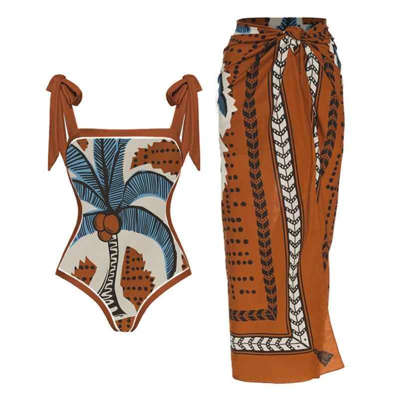 水着 レディース 椰子の木柄 ワンピース水着 巻きスカート付き 体型カバー ビーチ 海水浴 プール ポリエステル