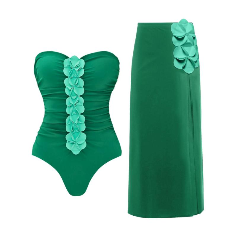 水着 レディース 3Dフラワー チューブトップ ワンピース スカート付き セットアップ 無地 速乾 高弾性 グリーン ブラック ブルー スイムウェア ビーチ 海水浴 プール