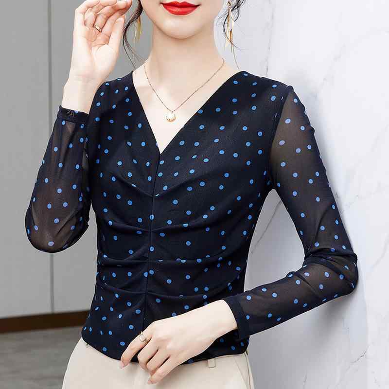 乐天商城 - Tシャツ レディース 長袖 水玉 ドット柄 Vネック プルオーバー チュニック カットソー スリムフィット 着痩せ ゆったり かわいい おしゃれ きれいめ フェミニン 上品 知的 接触冷感 伸縮性 普段使い 通勤 20代 30代 40代 50代 春秋