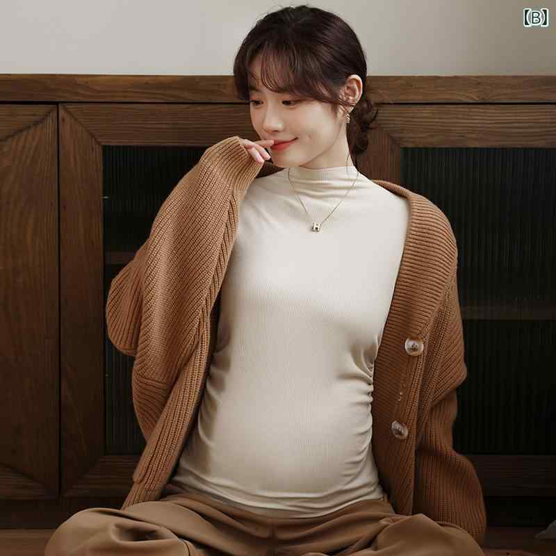 clearstoreのマタニティ トップス カットソー 長袖 秋冬 授乳口付き 妊婦服 レーヨン 伸縮性 保温 インナー ブラック ベージュ ホワイト カーキ イエロー ブラウン｜アングル2