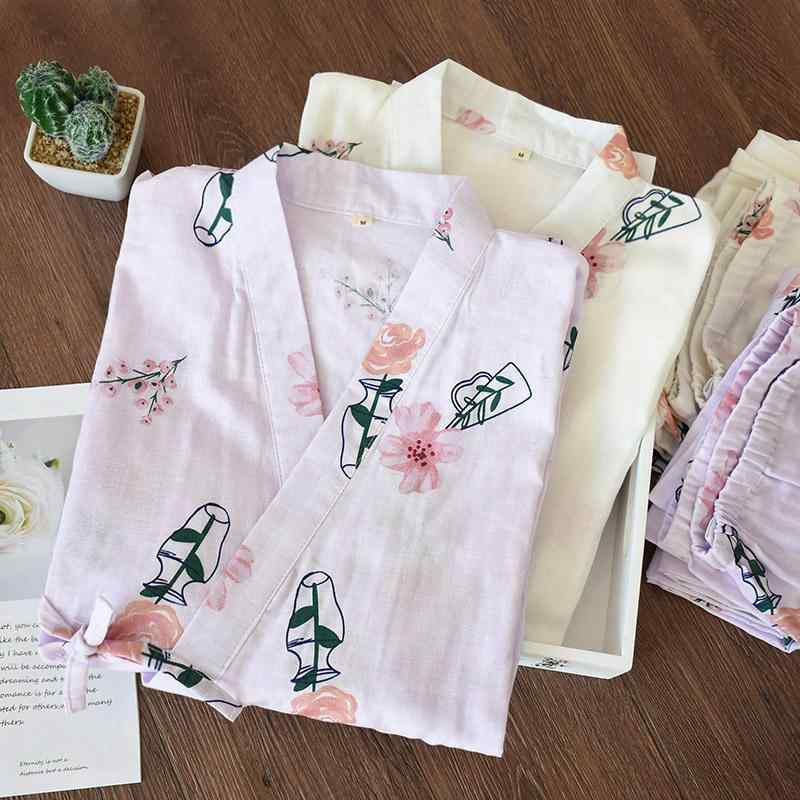 パジャマ レディース マタニティ 長袖 全綿 二重ガーゼ 和風 授乳服 ルームウェア 寝巻き 部屋着 Vネック 薄手 春夏 秋冬 紫花瓶 白花瓶