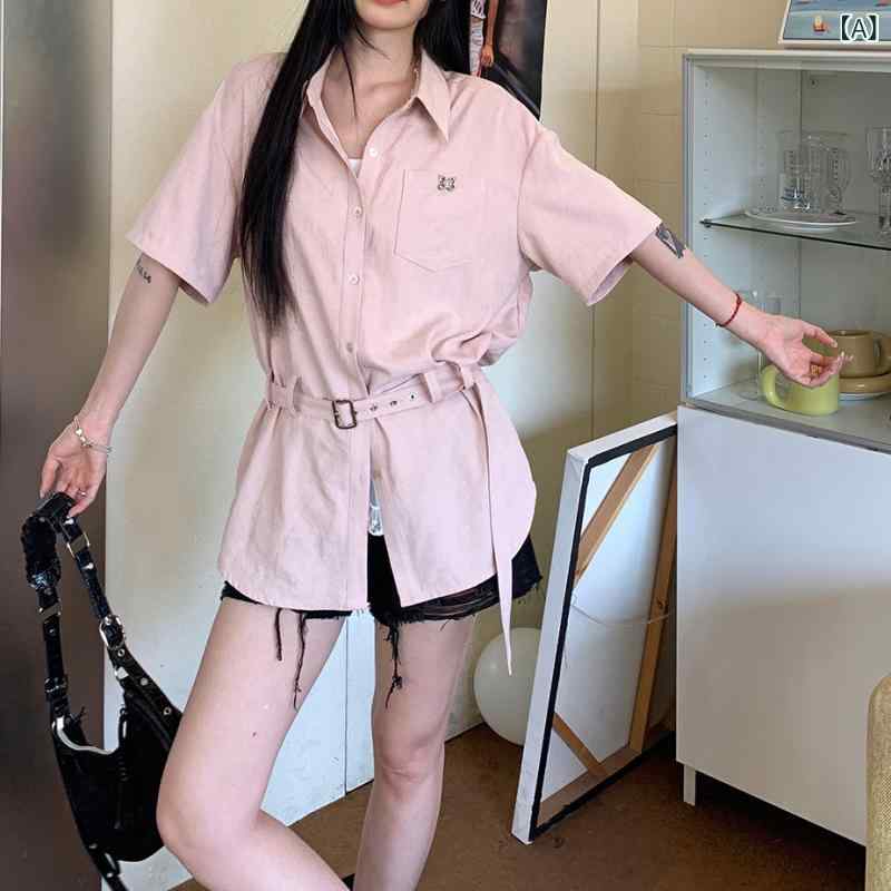 シャツ レディース 半袖 ピンク系 翻襟 ポリエステル 通勤 カジュアル ゆったり ショート丈 トップス 切り替え サマー
