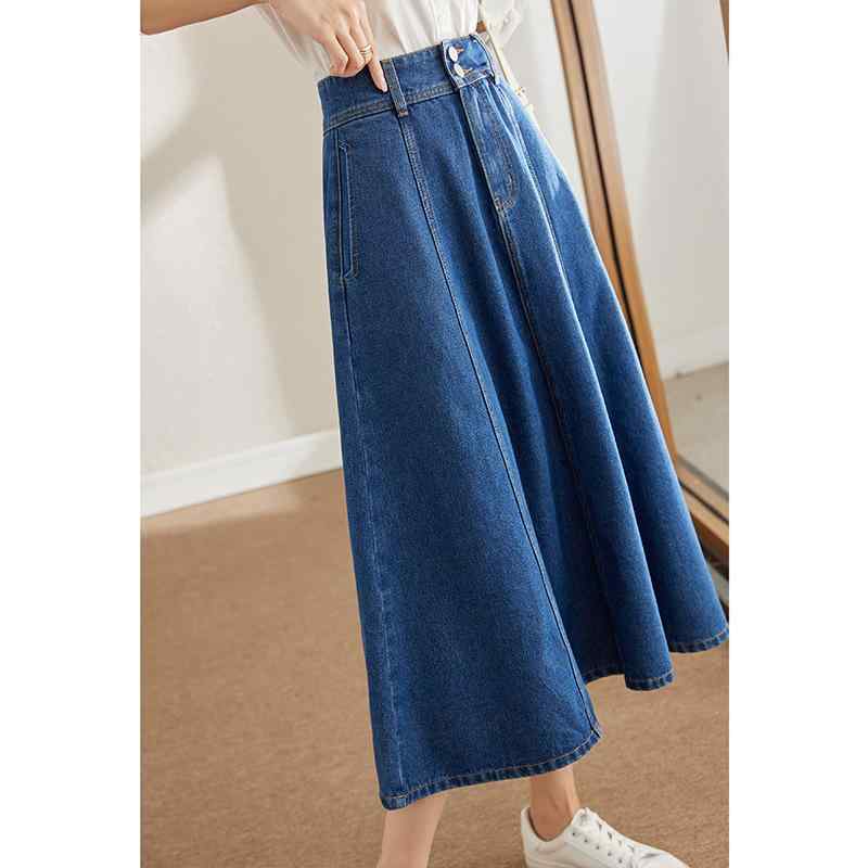 デニム スカート レディース Aライン ミモレ丈 ハイウエスト 着痩せ 体型カバー ゆったり 通勤 カジュアル きれいめ かわいい コットン デニムブルー