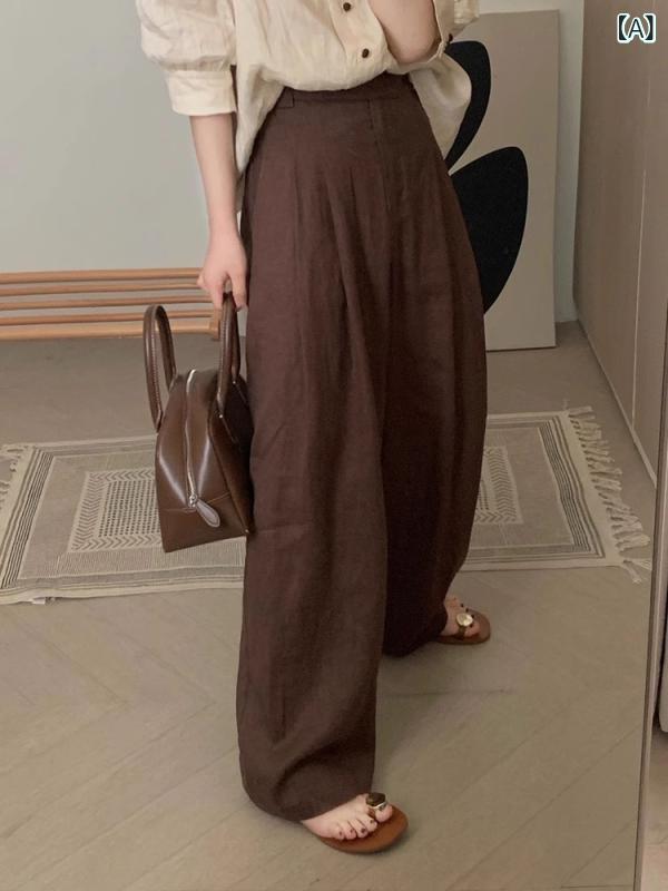 パンツ レディース ハイウエスト ワイドレッグ コーヒーブラウン ゆったり 麻 リラックスパンツ カジュアル 日本製 シンプル イージーパンツ 美脚 脚長効果2