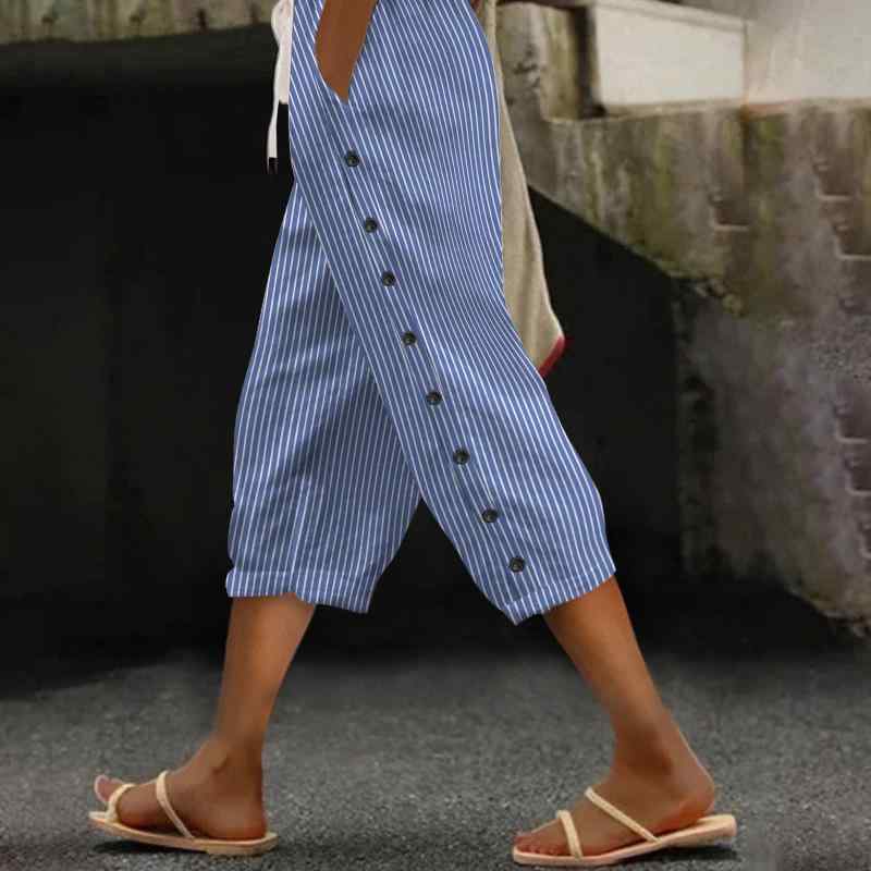 乐天商城 - パンツ レディース ストライプ柄 コットンリネン 7分丈 イージーパンツ 灰色 赤色 青色 黄色 ワインレッド 緑色 白色 S M L XL XXL 直筒パンツ 快適 普段使い 通勤 知的
