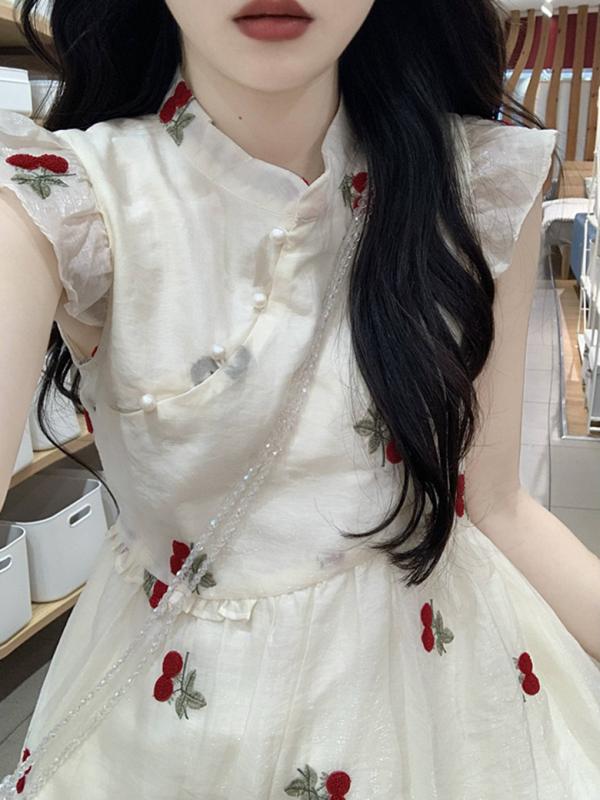 ワンピース レディース 春夏 半袖 チャイナドレス風 ミディアム丈 膝丈 Aラインワンピース ゆったり おしゃれ かわいい TR面料 プリント柄 ポロネック パフスリーブ 文芸 复古 中国風