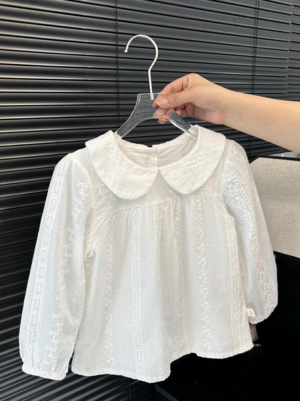 子供服 シャツ ブラウス 春秋 長袖 刺繡 ジャカード 襟付き レース かわいい おしゃれ トップス 女の子 ガールズ キッズ 綿100% 通園 普段使い