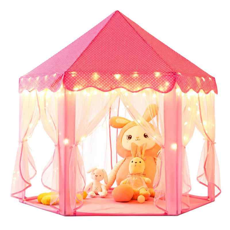 キッズテント 女の子のおもちゃ 子供用テントハウス プリンセスのお城デザイン 秘密基地 室内遊具 簡単に組立 お誕生日 クリスマスプレゼント おままごと Monobeach ピンク【六角形×メッシュのキッズテント】 六角形の広々としたデザインに、6面のメッシュ生地を採用。風が通りやすい構造で、テントの中でも過ごしやすい空間をつくります。外から中の様子を見やすく、遊んでいる姿も確認しやすいデザインです。【お姫様気分を楽しめるプリンセスデザイン】 ピンクカラーと波型の屋根、ふんわりとしたカーテンが可愛らしい雰囲気を演出。まるで小さなお城のようなデザインで、お子さまだけの遊びスペースとして楽しめます。【LEDスターライト付きで華やかな空間に】 付属のスターライトを飾れば、テントの中をキラキラとした雰囲気に演出できます。昼間の遊び場としてはもちろん、読書やゆったり過ごすスペースにもぴったりです。【組み立て・収納も簡単】 ポールを使って組み立てるシンプルな構造。使用しないときは折りたたんで付属の収納バッグに収納できます。コンパクトにまとめやすく、子ども部屋やリビングなど限られたスペースにも置きやすい設計です。【遊び・読書・リラックスタイムに】 お子さまが遊んだり、本を読んだり、自分だけの時間を過ごしたりできるスペースとして活用できます。誕生日やクリスマスなどのプレゼントにもおすすめです。対象年齢：3歳以上。展開サイズ：直径約120cm×高さ約130cm。