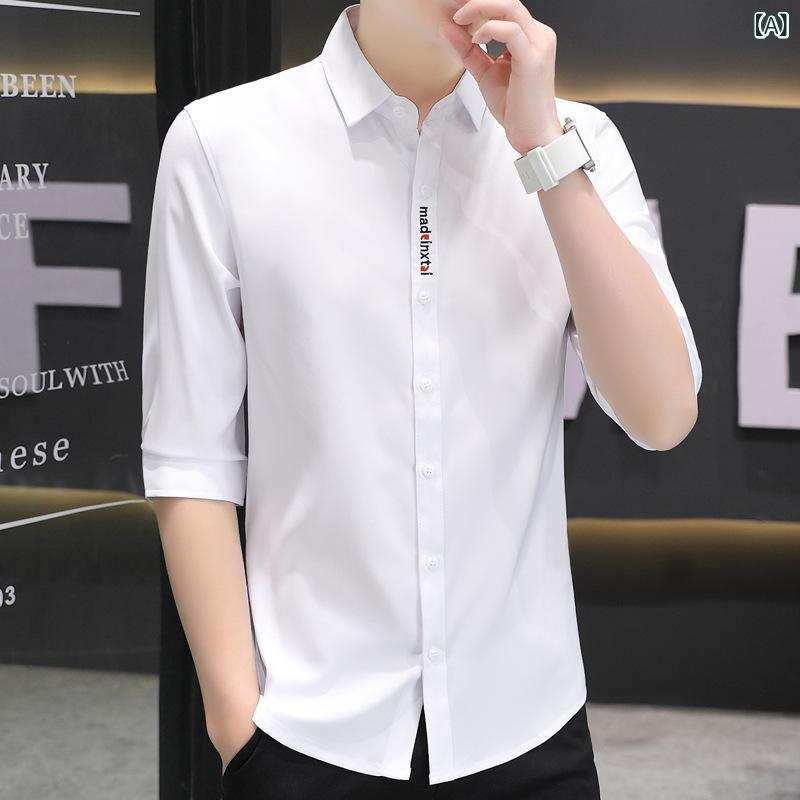 シャツ メンズ 男性用 半袖 7分袖 カジュアル 薄手 接触冷感 5分袖 シャツ 普段使い 修身 白 黒 緑 青 M L XL 2XL 3XL 4XL