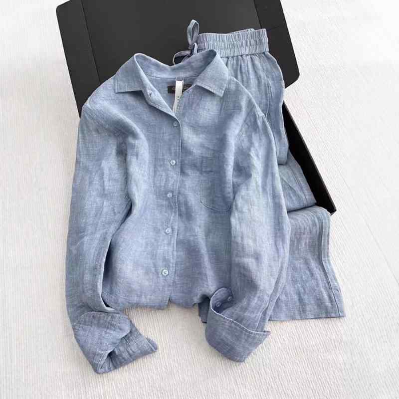 セットアップ レディース リネン混紡 カジュアル 運動着 トップス パンツ 灰色 無地 長袖 ゆったり 快適 普段使い 部屋着