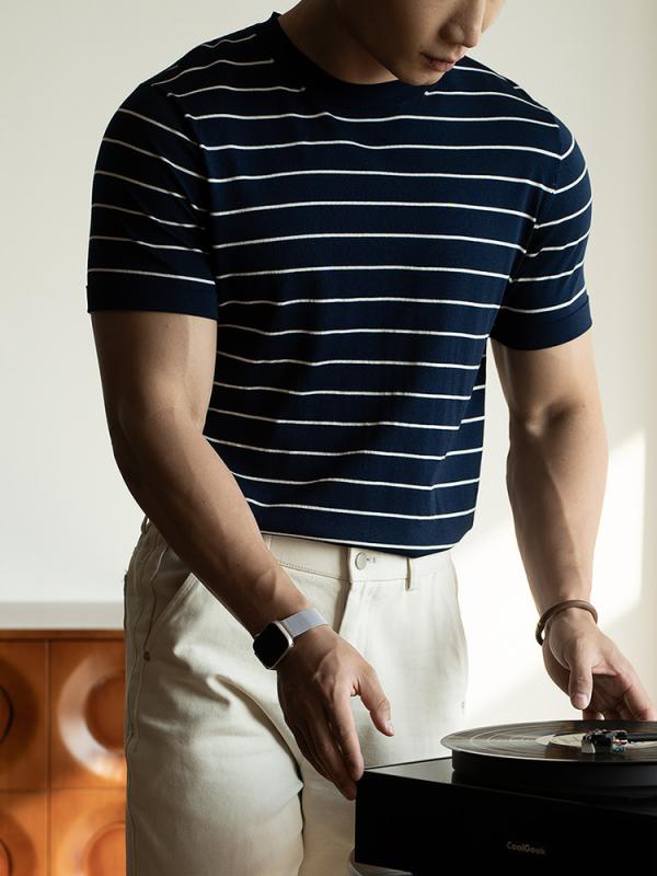Tシャツ メンズ 男性用 ストライプ 切り替え ニット 半袖 Tシャツ 再生繊維 絹混紡 通気性 吸湿速乾 トップス カットソー 薄手 サマー..