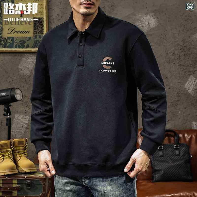 乐天商城 - ポロシャツ メンズ 長袖 スウェット トレーナー 秋冬 トップス 襟付き ライトアウター ゆったり 普段使い ラビットファー ブラック グレー系