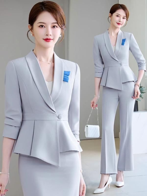 Skirt Suits - スーツ レディース 秋冬 ホテル フロント 受付 美容院 ジュエリーショップ 仕事着 制服 深藍色 銀灰色 ポリエステル 伸縮性 長袖 Vネック OL 通勤 オフィス ビジネス 高級感