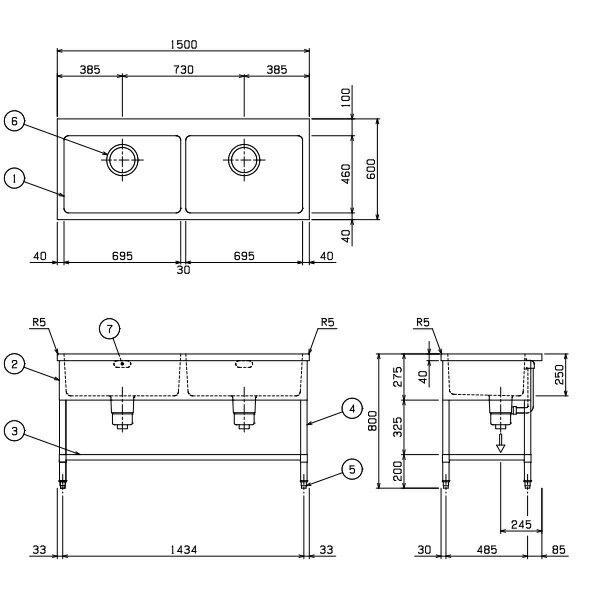 BS2X-156T　SUS304仕様　マルゼン　二槽シンク　BGなし　三面アール 2