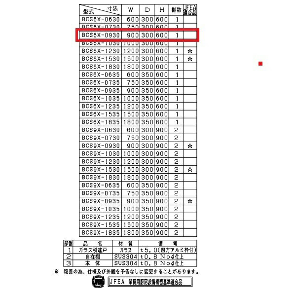 BCS6X-0930　マルゼン　吊戸棚　SUS304　ガラス戸