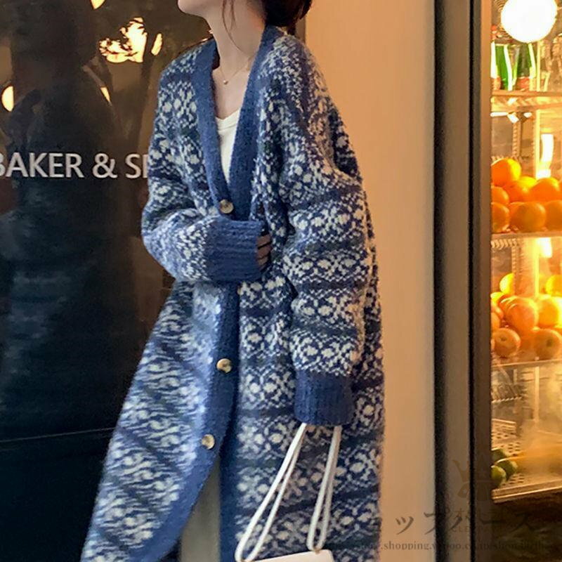【クーポンで10％オフ】カーディガン レディース ニット ロング丈 長袖 花柄 アウター エスニック セーター ガウン 配色 ゆったり ルームウェア ゆるい 秋冬 おしゃれ