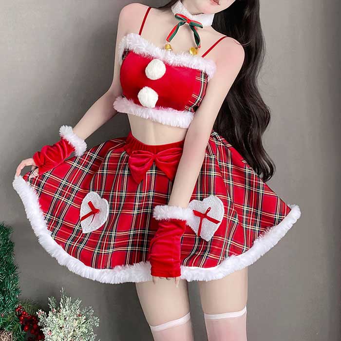 Rakuten - サンタ コス セクシー セット クリスマス バニーガール サンタコス サンタ コスプレ セクシー キャミソール ミニスカート チェック柄 カチューシャ 手袋 ネックレス ベロア パーティー コスチューム エロ バニー 靴下付き セット レッド サンタクロース 衣装 男ウケ エロい