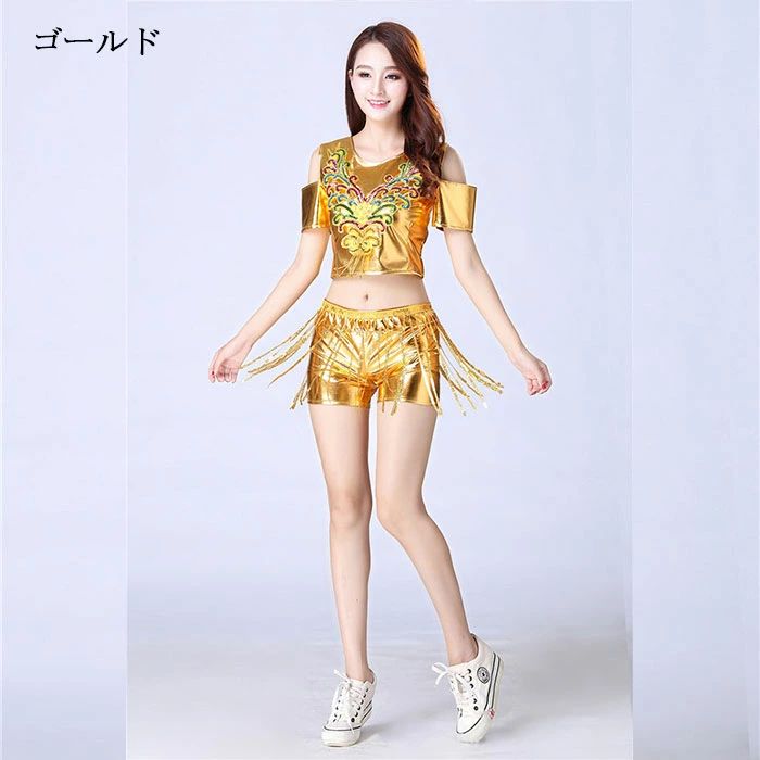DSダンス衣装 大人 レディース ヒップホップ ジャズダンス 全5色 クラブ 韓国 セットアップ トップス へそ出し ショートパンツ スパンコール タッセル 刺繍 キラキラ チアダンス チアガール HIPHOP JAZZ ステージ衣装 演出服 派手 おしゃれ チアリーダー 団体服 セクシー 3