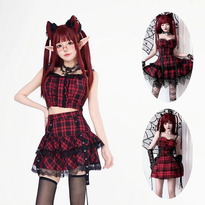 ゴシック ハロウイン コスプレ レディース ロリータ ワンピース キャミソール ミニスカート ゴスロリ Y2K レース ジャズダンス衣装 セクシー チェック柄 Aライン 可愛い 舞台衣装 チアダンス ヒップホップ 普段着 コスプレ ハロウイン パーティードレス 姫系 可愛い