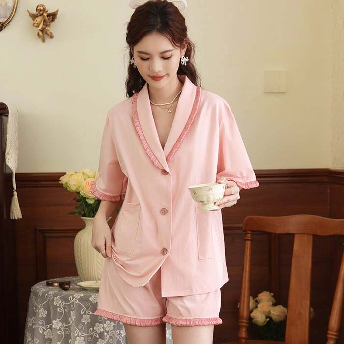 夏 レディース パジャマ 上下セット 可愛い ルームウェア パジャマセット 半袖 トップス 短パン ショートパンツ 綿 涼しい 定番 ベーシック デイリー 涼感 前開き 開襟 ポケット有り 部屋着 寝巻き コットン素材 薄手 ゆったり オープンカラー ママ 彼女 ギフト 体型カバー