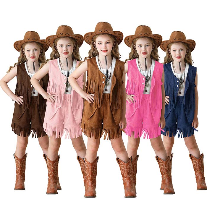 Rakuten - キッズ 演出服 子ども キッズダンス衣装 女の子 セットアップ ベスト ショートパンツ フリンジ かっこいい イベント 発表会 ウエスタン・カウボーイ ファッションモデル 西部カウボーイ 可愛い ジャズダンス k-pop 舞台 ステージ衣装 団体服 発表会 文化祭 学園祭 撮影衣装