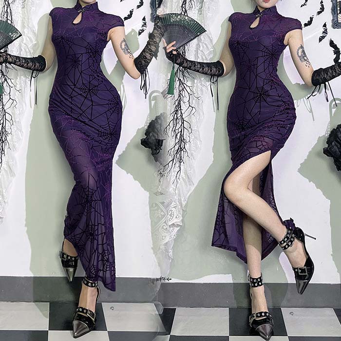 レディースドレス チャイナドレス ゴシック スリット入り セクシー コスチューム ハロウイン ドレス クモの巣 2点セット インナーキャミソール 中華風 レトロ ワンピース 悪魔 魔女 ゴスロリ 仮装 変身衣装 コスプレ衣装 団体服 イベント 学園祭 文化祭 舞台 ステージ演出服