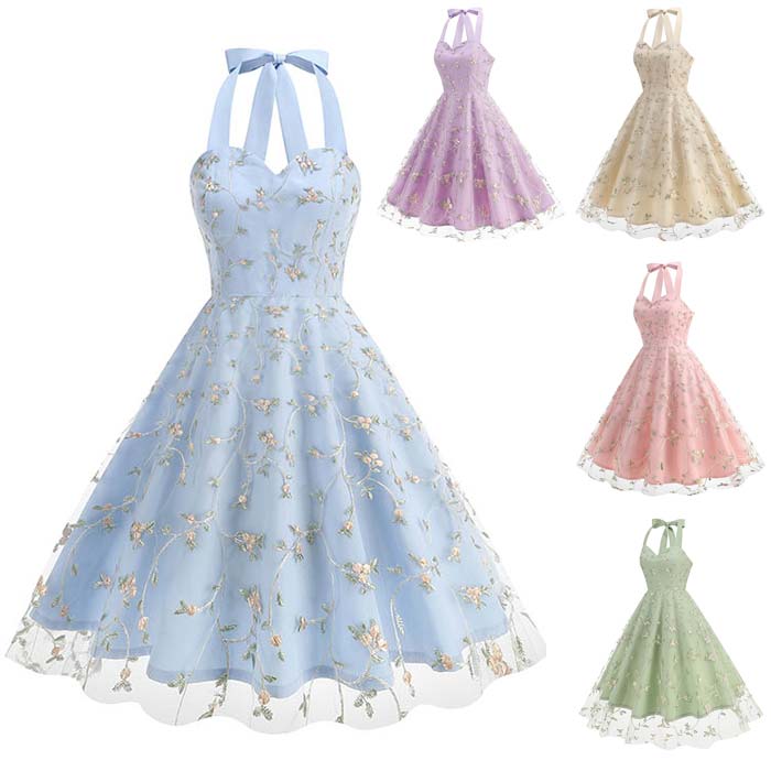 キャミソールワンピース レトロドレス ホルダーネック メッシュ 花刺繍 女性ドレス レトロワンピース 5色 大人 大きい裾ワンピース フランス風 ドレス 大きい裾 レトロワンピース 細身 パーティードレス 舞台お揃い 団服 演出服 イベント衣装 学園祭 文化祭 発表会 おしゃれ