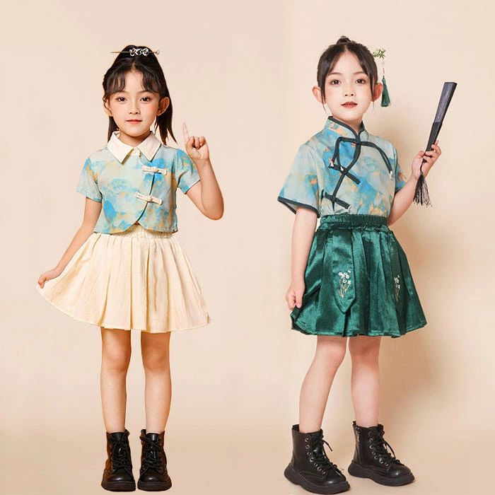 子供服 女の子 上下セット 2色 半袖トップス スカート インナーパンツ チャイナボ...