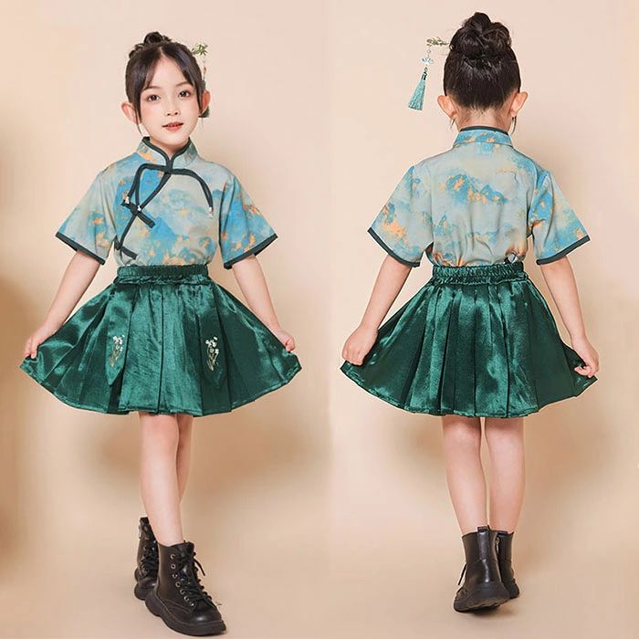 子供服 女の子 上下セット 2色 半袖トップス スカート インナーパンツ チャイナボ...