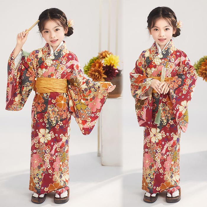 浴衣 子供 セット 女の子 新作 和服 ガウン マキシ丈 レトロ 女の子 着物 浴衣 古...