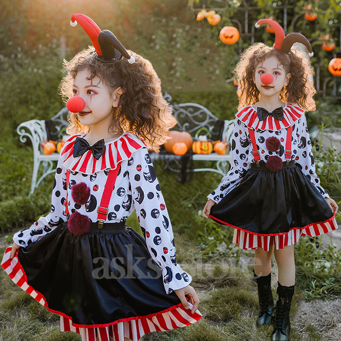 ハロウイン衣装 キッズ コスプレ 仮装 女の子 サーカス ピエロ衣装 トップス スカート 髪飾り 変装 コスチューム キャラクター 魔法使い ピエロ お化け 吸血鬼 洋服 悪魔 魔女 ウィッチ 学園祭 変身 イベント パーティー cosplay 発表会 文化祭 演劇 舞台衣装 演出 かわいい