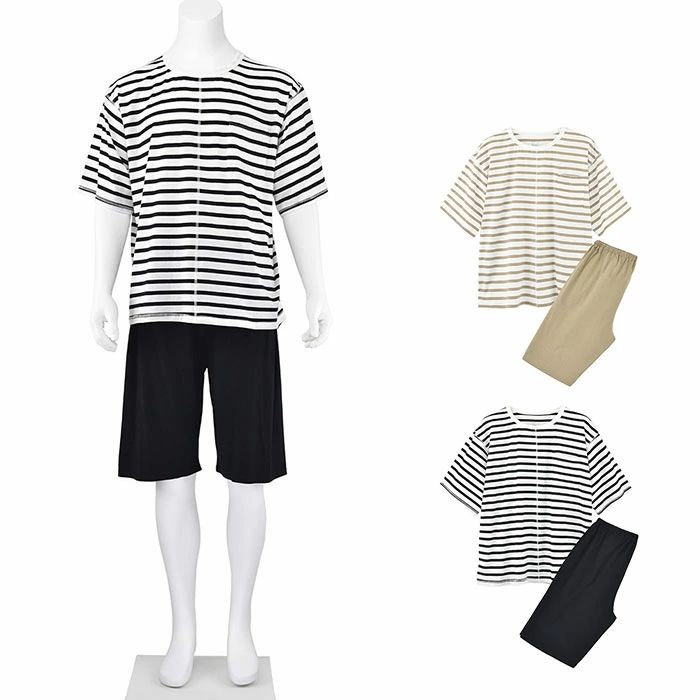 パジャマ メンズ コットン100％ 上下セット 半袖 ショートパンツ ルームウェア 夏 春 カップル ペア 男性用 コットン素材 柔らかい 部屋着 休日パジャマ ボーダー柄 綿100％ シンプル 寝巻き 入院 旅行 日常着 ナイトウェア パパ 父 快適 敬老の日 プレゼント