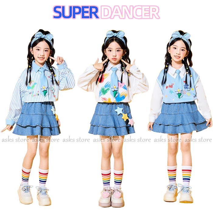 儿童套装 - 女の子 ステージ衣装 キッズ 長袖シャツ デニムスカート ネクタイ チアダンス衣装 子供 幼稚園 キッズ 可愛い チアガール 応援服 新年会 小学生 中学生 合唱 団体服 運動会 学園祭 入学式 卒業式 イベント ジュニア コスチューム 発表会 舞台演出服 普段着 子供の日 七五三