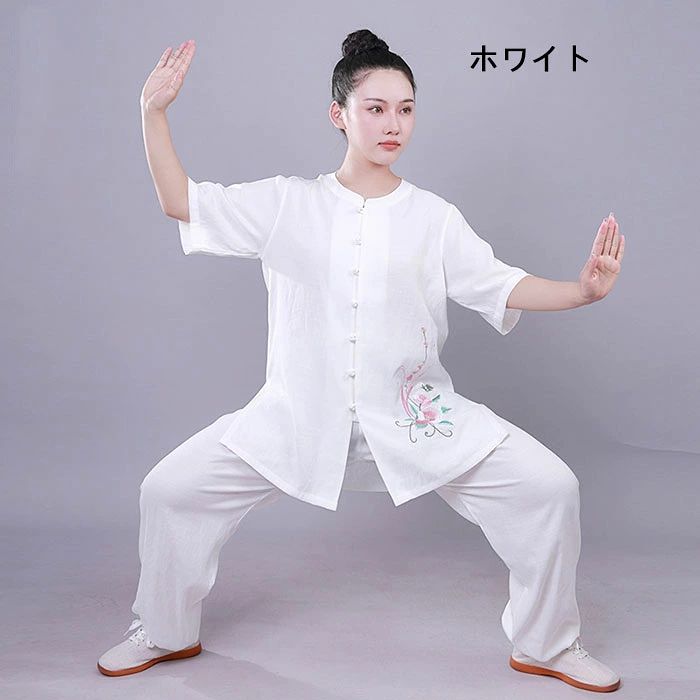 太極拳 服 太極拳衣装 五分袖 上下セット 全6色 花刺繍 ラウンドネック 太極拳 ウ...