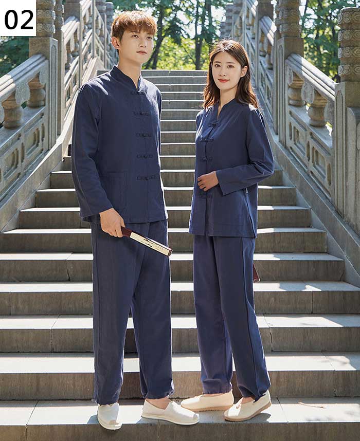 クレオパトラセレクトの男女兼用太極拳服 ヨガ服 太極拳ウェア 長袖 七分袖 全12色 前開き パンツ 上下セット チャイナ服 太極拳 太極 ヨガ レッスン着 拳法 武術 功夫 スポーツ用品 カンフー 中華風 茶服 綿麻セット 練習着 演武服 禅服 禅修服 唐装 瞑想 居士服 表演服 無地 シンプル ゆったり｜アングル3