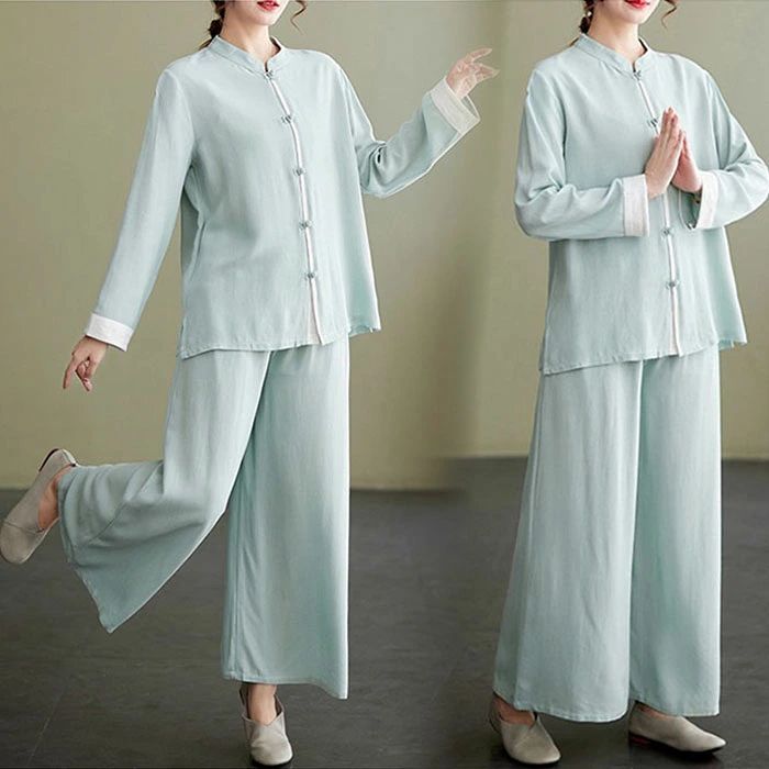 太極拳服 レディース 長袖 シャツ トップス パンツ 配色 太極拳ウェア 練功服 薄手...