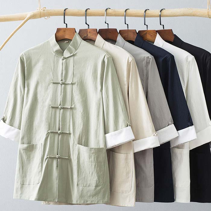 男长袖西装衬衫 - メンズ中華服 トップス カジュアルシャツ 前開き 七分袖 メンズシャツ チャイナボタン 唐装漢服 普段着 茶服 朝練 武術 カンフー 練習着 表演服 団服 スポーツ 拳法 演武 気功 太極拳服 父の日 ギフト 敬老日 ゆったり 舞台 ステージ衣装 シンプル 無地 おしゃれ