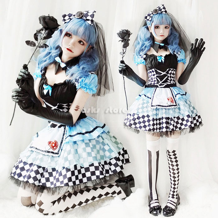 ハロウインメイド服 コスプレ衣装 ハロウイン レディース ワンピース ロリータ ゴシック ゴスロリ コスプレ ハロウイン衣装 仮装 コスチューム セットアップ 手袋 髪飾り ヘッドベール ソックス チェック柄 可愛い 悪魔 学園祭 文化祭 イベント 大人用 ピエロ 余興 おしゃれ