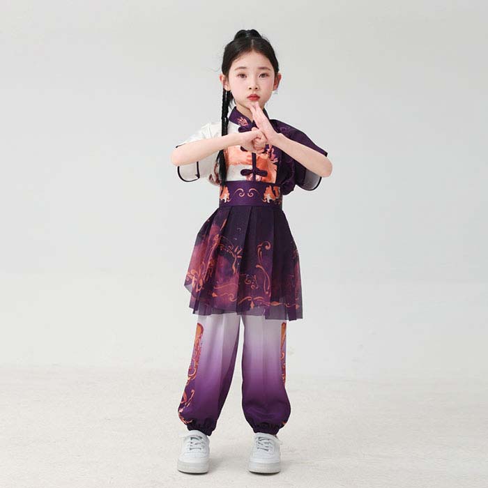 クレオパトラセレクトの男女兼用 キッズ 武術服 半袖 グラデーション カンフーウェア スポーツ衣装 女の子 男の子 龍柄 演武服 競技着 ステージ衣装 演出服 子供太極拳専門服 練功服 武術 練習着 子ども 学園祭 文化祭 体育祭 イベント 撮影衣装 気功衣装 唐装漢服 華流コスプレ舞台演出衣装｜アングル3