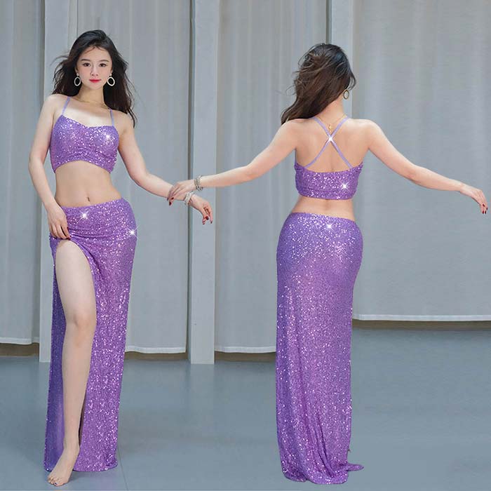 上下セット ベリーダンス 衣装 キャミソール へそ出し ロングスカート スパンコール キラキラ レデイース ベリーダンス衣装 レッスン着 セクシー スリット入り インナーパンツ付き 練功服 モダンダンス 社交ダンス ステージ衣装 発表会 練習着 美シルエット 初心者 M L XL 2
