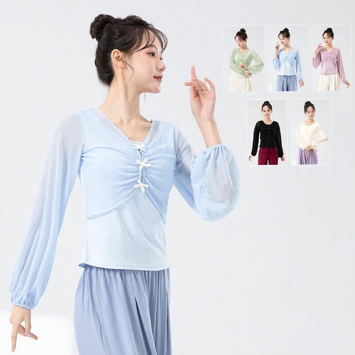【クーポンで10％オフ】古典ダンストップス レディースブラウス ダンス衣装 トップス 全5色 透け感 Vネック 長袖 ダンスウェア レッスン着 夏 練習着 ヨガ服 競技着 モダンバレエ/古典ダンス/モダンダンス/新体操/ヨガ/バレエダンス ダンス練功服 レディース古典ダンスウェア
