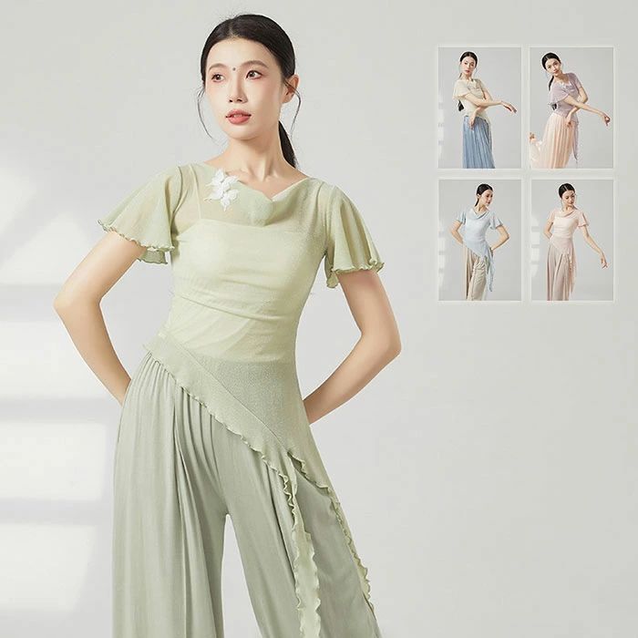 古典ダンストップス レッスン着 半袖 フレア袖 リボン アシンメトリー 飄逸 シースルー 練功服 古典踊り レディースダンストップス 中..