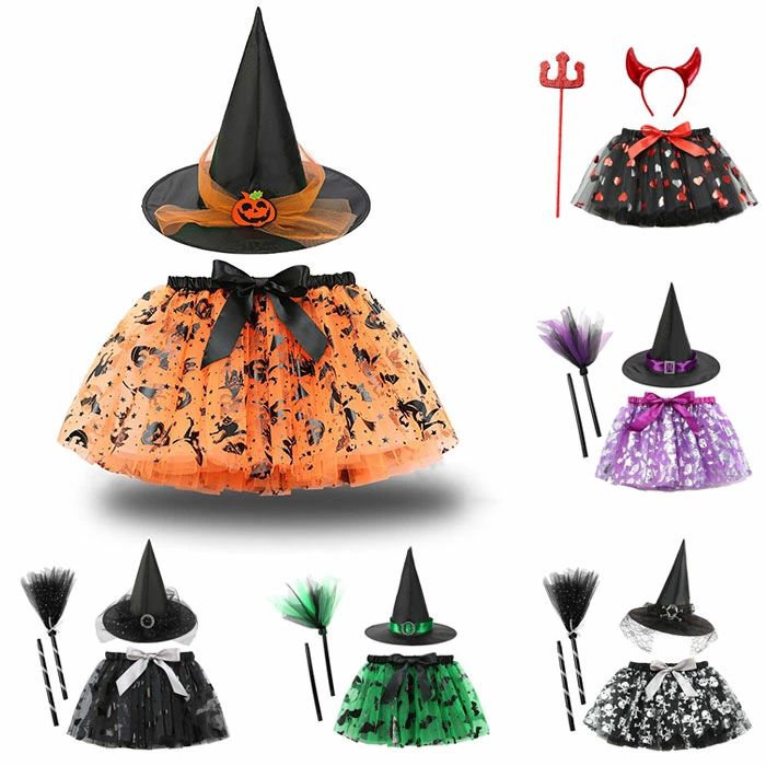 ハロウイン 仮装 子供 チュチュ スカート 帽子 3点セット コスプレ スパンコール Halloween 演出服 全14タイプ コスチューム 魔女 巫女 ウィッチ デビル ゾンビ 女の子 子供用 キッズ パーティー 変装 チュールスカート 魔法使い 文化祭 演劇 学園祭 舞台劇 ステージ衣装